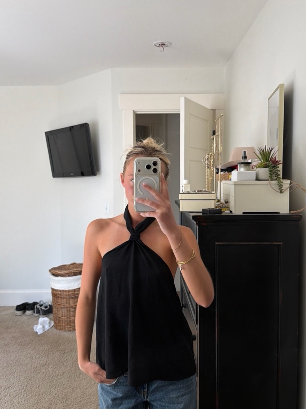 Black Halter Twist Neck Women's Top